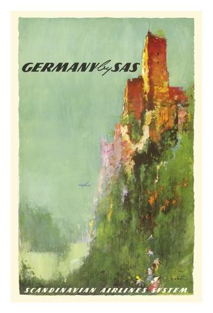 13in x 19in Vintage Airline Travel Poster by Otto Nielsen c.1950s Germany SAS Scandinavian Airlines System Master Art Print Rhine River Valley Castle 
